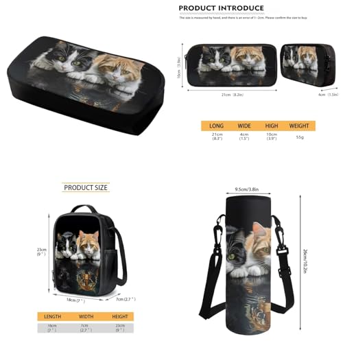 Cats Kids Backpack School Bookbag Set of 4 Pieces Lunch Bag Pencil Bag Bottle Holder Pouch Suitable for Sport Travel Camping4