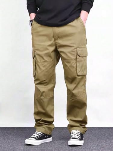 Image of Pure Cotton Cargo Pants for Men | Cargo Pant Man | Elastic Drawstring Waist Straight Fit Lower Pant | Multi-Pocket Utility Trousers for Men | Stylish Comfortable Casual Outdoor Bottom Wear