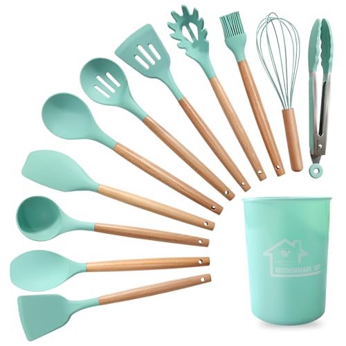 Silicone Kitchen Utensils Set, 12PCS Silicone Cooking Utensil Set Nonstick Spatula Turner Spoon Heat Resistant Kitchen Tools with Wooden Handle Storage Bucket for Home, Green Silicone Kitchen Utensils Set, 12PCS Silicone Cooking Utensil Set Nonstick Spatula Turner Spoon Heat Resistant Kitchen Tools with Wooden Handle Storage Bucket for Home, Green