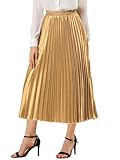Allegra K Women's Party Elastic Waist Metallic Shiny Accordion Pleated Midi Skirt Large Gold
