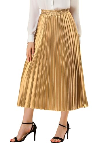 Allegra K Women Pleated Skirt Midi Length Elastic High Waisted A Line Swing Flare Metallic Shirring Party Valentines Skirts X-Small Gold