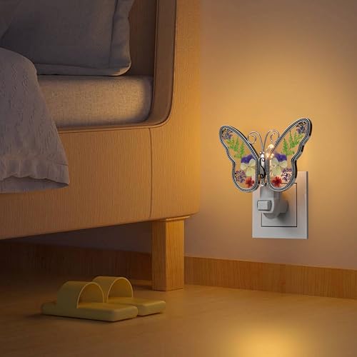 Image of KY&BOSAM Butterfly Night Lights Plug into Wall 1-Pack 7W Plug in Night Light Dusk to Dawn 3000K Warm White Bright Real Flower+Metal Nightlight Switch-On /Off for Adults Kids Room Bathroom Kitchen Decor