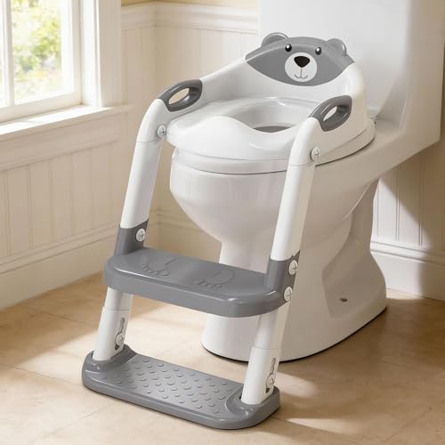 Image of Potty Training Seat, SKYROKU Potty Training Toilet with Step Stool Ladder, for Kids Boys Girls Toddlers - Comfortable Safe Potty Seat with Anti-Slip Pads Ladder (8838+Grey)
