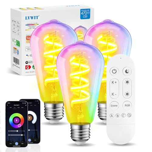 LVWIT Bombillas Inteligente E27, Bombillas LED E27 ST64 de Filamento Regulable, 6.3W(40W) 470 LM, Funciona con Alexa, Google Home Assistant y App Smart Life/Tuya, 3 Pcs.