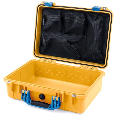 ColorCase Pelican 1500 Case Yellow - Medium Size Waterproof Case with Mesh Lid Organizer Only - Blue Handles & Latches