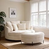 Aoiy & Wifon 59.8' W Oversized Barrel Chair with Ottoman, Round Chair with Ottoman, Extra Large Living Room Chair Set with Wheels, Knitted Chenille, Beige