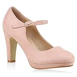  Damen Pumps T-Strap Blockabsatz High Heels Damen Mary Janes Samt Velours Spangenpumps Lack Leder-Optik Schuhe 135525 Rosa 37 Flandell