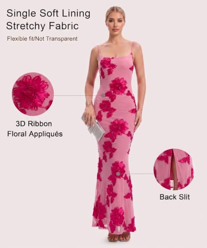 Curvphilo Women's Bodycon Maxi Summer Dress 3D Satin Floral Mesh Formal Evening Dress Wedding Guest Cocktail Prom Party (US, Alpha, Small, Regular, Regular, Rose Red) — view 4