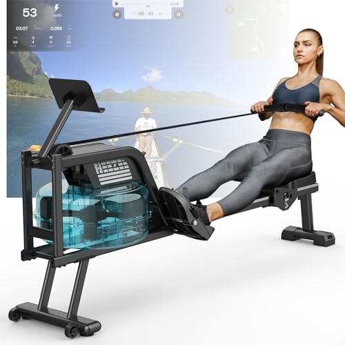 Neezee-Rudergeraet-fuer-zuhause-Rudergeraet-Wasser-mit-Professioneller-Bluetooth-Monitor-und-Tablet-Halterung-Max-150kg-Belastbar-Vertikale-Lagerung-Transportraeder-fuer-Einfache-Bewegung