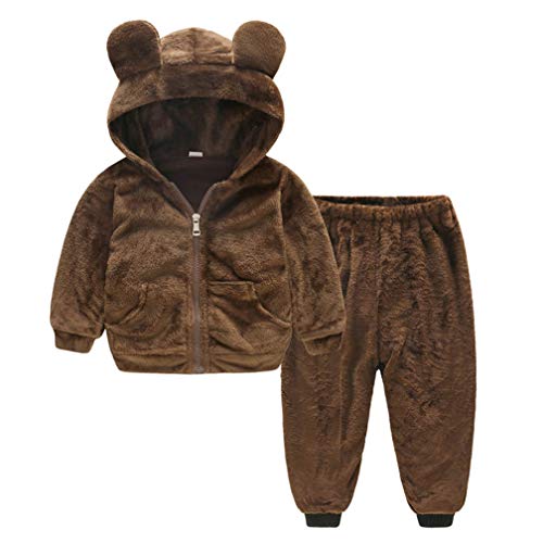 Infant Kids Baby Boy Girl Warm Outfit Set Hooded Outerwear Zipper Long Sleeve Cartoon Casual Jacket Coat Tops +Pants Clothes (Brown -Set, 0-12 Months)