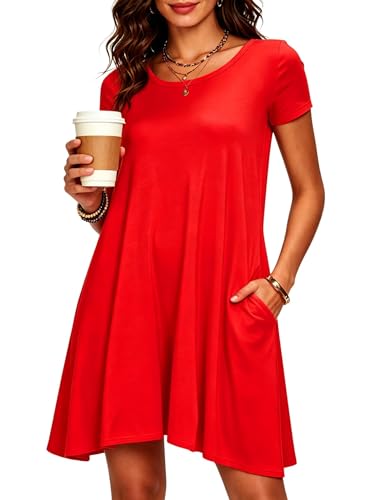 Image of Afibi Womens Short Sleeve Loose Pockets Dress Casual Swing T-Shirt Dresses