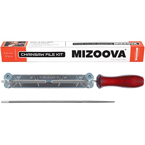 MIZOOVA - Chainsaw Sharpener Kit, 2 Round Files 3/16 (4.8 mm), Filing Guide Holder and Hardwood Handle