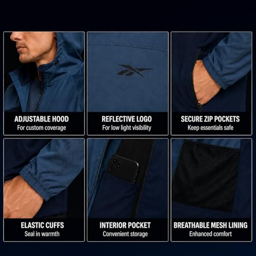 Image of Reebok Mens Softshell Jacket - Lightweight Fleece Mens Jacket with Hood - Weather Resistant Zip Up Windbreaker Coats for Men