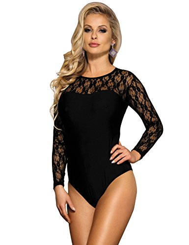comeondear Femmes Body Sexy Manche Longue Noir Grande Taille Justaucorps Teddy Dentelle Col V Clubwear(G-Noir,M-L)