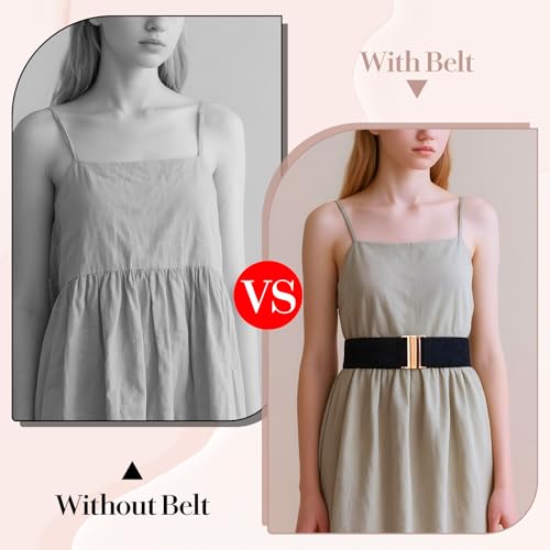 3Pcs Wide Elastic Belts for Women, Adjustable Trimmer Stretch Belt Women with Golden Buckle, Vintage Pants Jeans Dress Waistband Wide Belt(Black+White+Khaki)4