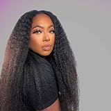 Moxuan Kinky Straight Half Wig Synthetic Hair 3 in 1 Seamless Flip Over Half Wigs Glueless Wear and Go Beginner Friendly Clip In Hair Drawstring Headband Wig Natural Black Color for Women 20 Inch