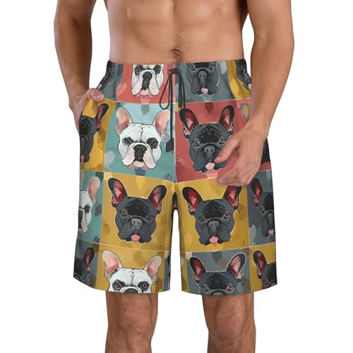 Men's Quick Dry Swim Shorts French Bulldog Colorful Square Patchwork Vintage Beach Trunks with Pockets