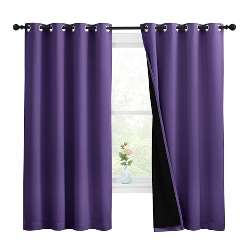 Image of NICETOWN 100% Blackout Curtains with Black Liners, Thermal Insulated Full Blackout 2-Layer Lined Drapes, Energy Efficiency Window Draperies for Bedroom (Lilac Purple, 2 Panels, 55-inch W by 68-inch L)