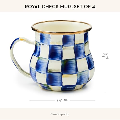 Image of MACKENZIE-CHILDS Enamel Mug, Cute Enamelware Coffee and Tea Mug, Unique Drinkware, 16 Ounces, Blue-and-White Royal Check, Set of 4