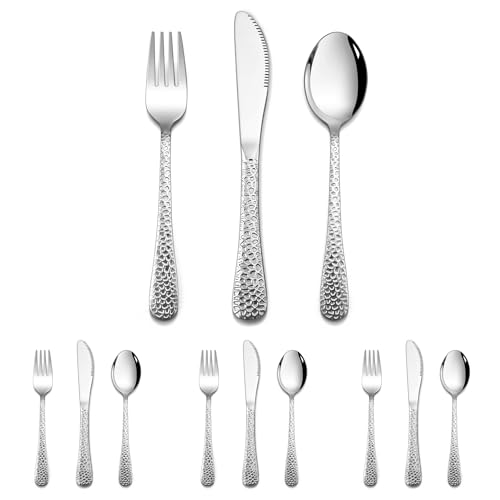 HaWare Kids Cutlery Set, 12 Piece Stainless Steel Hammered Children Flatware Include 4 Knives, 4 Forks, 4 Spoons, Small Toddler Silverware, Cute Adult-Look& Mirror Finish, Dishwasher Safe