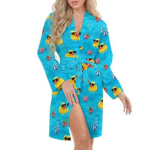 LGHKLVXPZE Adult Lightweight Robe for Women, Soft Breathable Long Sleeve Robes with Belt, Knee Length Design, Fashion Quick Dry Bathrobe, Cute Rubber Ducky Sunglasses Yellow Blue, (XL)