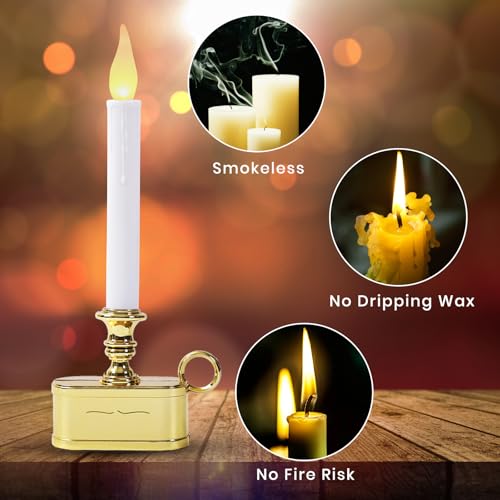 Image of Window Candles 2AA Battery Operated with Timer 8 Hours On and 16 Hours Off Led Warm White with Flicker Flame (Gold Base) Battery Not Included
