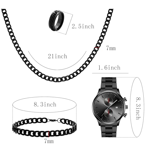 NEWITIN 4 Pieces Black Jewelry Set for Men Stainless Steel Watch Necklace Bracelet Ring Fashion Black Wristwatch Cuban Link Chain Cuban Jewelry Set for Men - Image 3