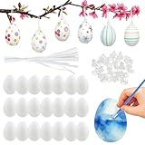 25 Stück Ostereier Plastik weiß 6 cm Ostereier zum Bemalen und Aufhängen, Aufhängen Eier DIY Handbemalte O-stereier Bemalen, Eier Kunststoff mit Seil Basteln,Osterdekoration zum Verzieren (25pc)