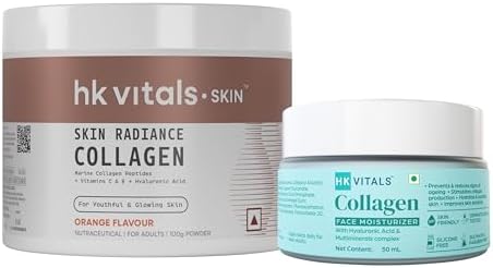 hk vitals Marine Collagen Supplements (Orange, 100g) with Collagen Face Moisturizer, 50ml | Combo Pack
