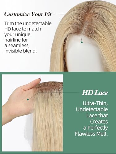 Image of 13 * 4 HD Glueless Human Hair Ombre Light Blonde Lace Front Wigs for White Women Straight Wig Pre Plucked 180% Density Transparent (24inch)