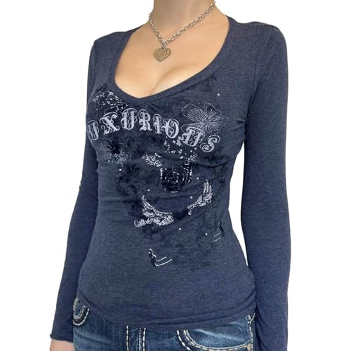 Teen Girls Y2k Grunge Shirt Vintage Aesthetic Long Sleeve Graphic Tshirt Fairycore Grunge Top 90s Clothes for Women3