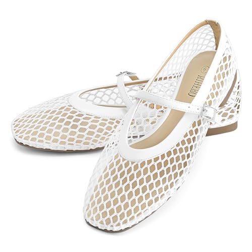 Image of Rihero Mesh Ballet Flats for Women Comfortable Square Toe Ballerina Flats Buckle Strap Casual Fishnet Flat Shoes