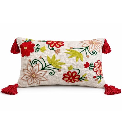 Image of Embroidered Floral Lumbar Throw Pillow Cover with Filler, Red Tassels, 12x20 Inches