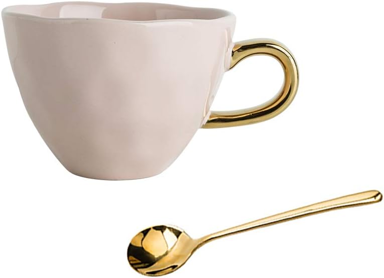11.8 Oz Ceramic Mug for Office and Home with Gold Spoon Coffee Cup, Pink