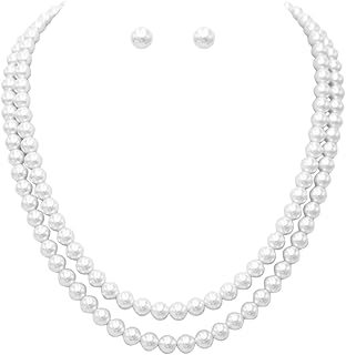 Rosemarie Collections Women's Double Strand Classic Simulated Pearl Necklace and Earring Jewelry Set, 20"+2.5" Extender