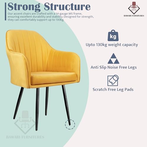 Image of Plush Dining Chair | Accent Chair for Living Room Bedroom Restuarant | Velvet Fabric & Thick Cushion Seat with Sturdy Glossy Metal Legs (Black Legs, Yellow)