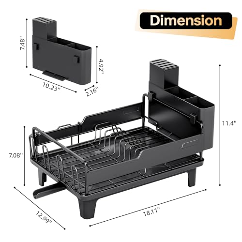 Urackify Dish Drying Rack for Kitchen Counter, Countertop Dish Rack with Drainboard, Multifunctional Dish Drainer with Cups Holder & Cutting Board, Home Plate Storage Rack with Cutlery Holder, Black - Thumbnail 7