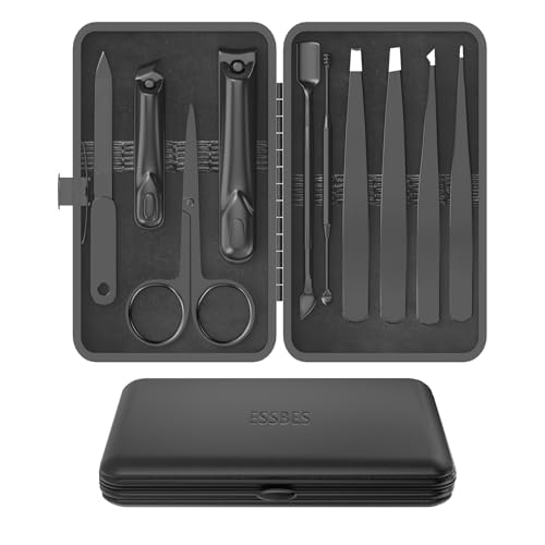 ESSBES Set Manicure 10 in 1 in Acciaio Inox con Tagliaunghie, Forbici, Pinzette e Kit per la Cura Delle Unghie con Custodia da Viaggio (Nero)
