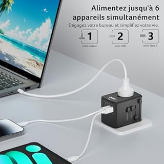 Acer Adaptateur Universel de Voyage : 5 Ports USB (3 USB-C) 5,8 A, Chargeur International pour USA, Europe, Royaume-Uni, France, Allemagne - Types C/E/F/G/I/L/A - Noir