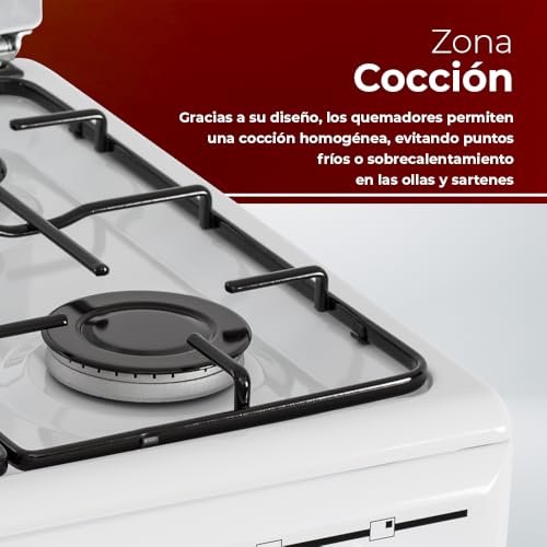 Nilson Cocina Gas Butano 4 Zonas de Cocción, Horno 43 L, Blanco NKG4500TM. Control Manual, 2 Programas de Cocción, Cristal en Puerta de Doble Capa, Tapa Abatible - imagen 6