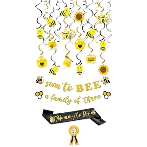 Soon to Bee A Family of Three Banner With 45Pcs Honey Bumble Bee Hanging Swirl Decoration Cover