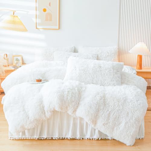 ERLOXO Fluffy White Faux Fur Comforter Cover Queen Set，Fluffy Fuzzy