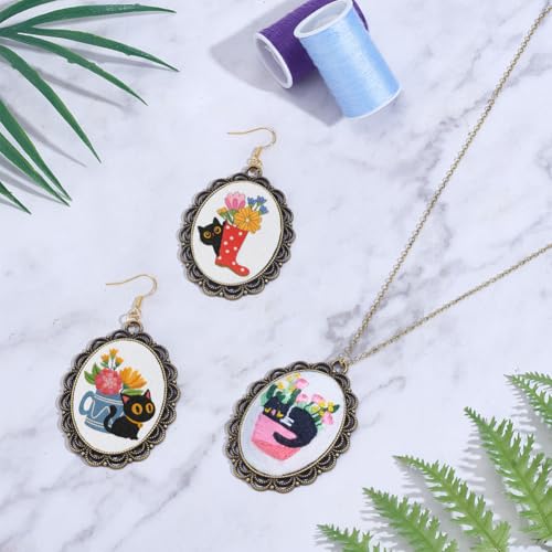 Image of INFUNLY 6 Set Retro Embroidery Pendant Kit for Beginner Cat Plant DIY Embroidery Stitching Necklace Mini Embroidery Stitch Kit Sewing Jewelry Kits with Hoop Instructions for Adults Art Gifts Hanging
