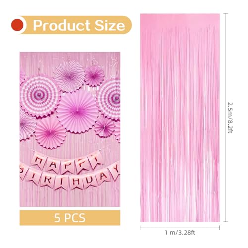 Image of 5 Pack Pink Foil Curtain Backdrop 3.2ft x 8.2ft Tinsel Foil Fringe Curtains Macaron Photo Booth Streamer Backdrop for Party Decorations Birthday Baby Shower Bachelorette Holiday Decor (Pastel Pink)
