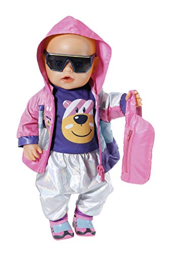 BABY born Zapf Creation 830031 Deluxe Fahrrad Set für 43cm Puppen mit rosa Jacke, lila Shirt, Silber glänzender Hose, Schuhen, Gürteltasche und Sonnenbrille, Einfarbig – Bild 3