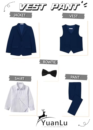 YuanLu Boys Navy Blue Formal Suits 5 Piece Slim Fit Ring Bearer Outfit Wedding Guest Dresswear for Toddler Kids Suit Size 7