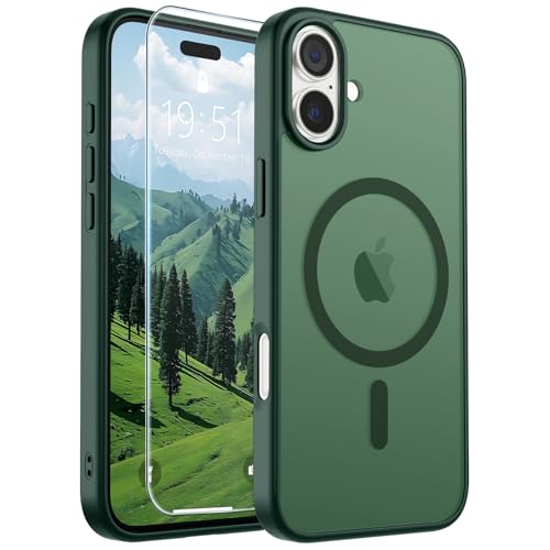 Image of SUPFINE Magnetic for iPhone 16 Plus Case (Compatible with MagSafe) (Military Grade Drop Protection) Slim Translucent Matte Shockproof with Anti-Fingerprint Phone Case,Forest Green