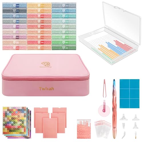 Image of twivah 27 Pcs Diamond Art Storage with Bag, 2-in-1 Diamond Art Trays Container with Lids, Diamond Painting Accessories with Color Sticks, Diamond Art Kits for Adults & Kids Christmas, Birthday (Pink)