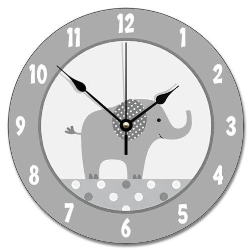 ArogGeld Gray and White Elephant Wall Clock Nursery Wood Clock 10 Inch Silent Non-Ticking Wooden Wall Clocks Battery Operated Living Room Bedroom Kitchen Farmhouse Decor Christmas Birthday Gift