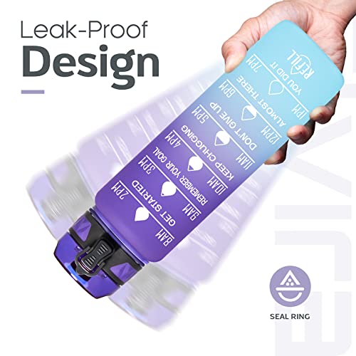 Elvira 32Oz Motivational Fitness Sports Water Bottle With Time Marker & Removable Strainer,Fast Flow,Flip Top Leakproof Durable Bpa Free Non-Toxic-Grape/Green Gradient, Tritan #TOP3